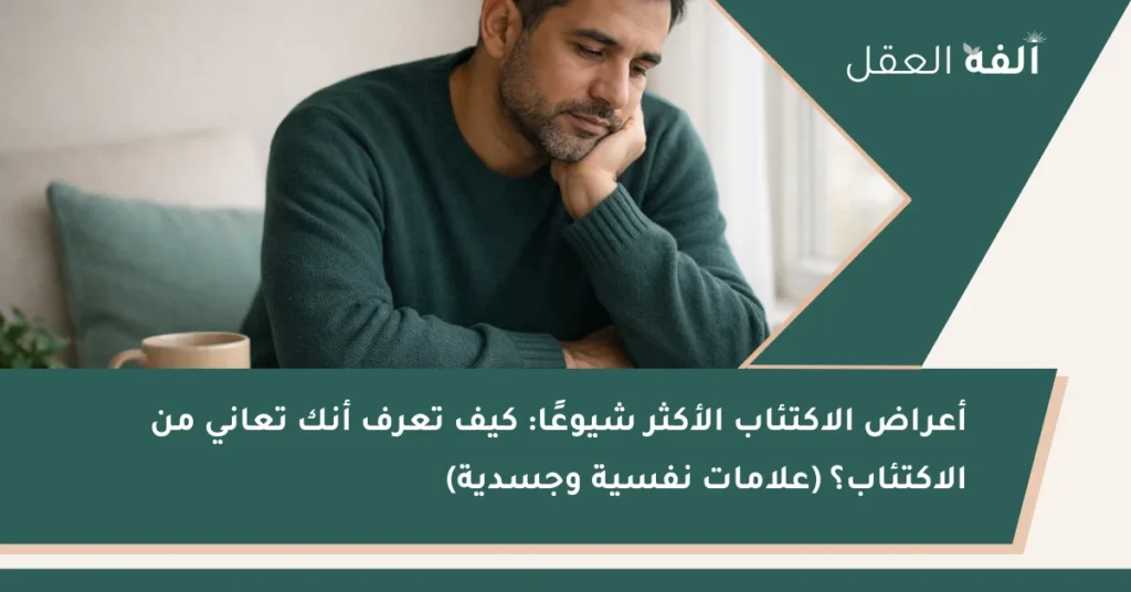 الرئيسية 2 رجل يجلس قرب النافذة بملامح متعبة وتأملية، مع عنوان الصورة: “أعراض الاكتئاب الأكثر شيوعًا: كيف تعرف أنك تعاني من الاكتئاب؟ (علامات نفسية وجسدية)” وشعار ألفة العقل.