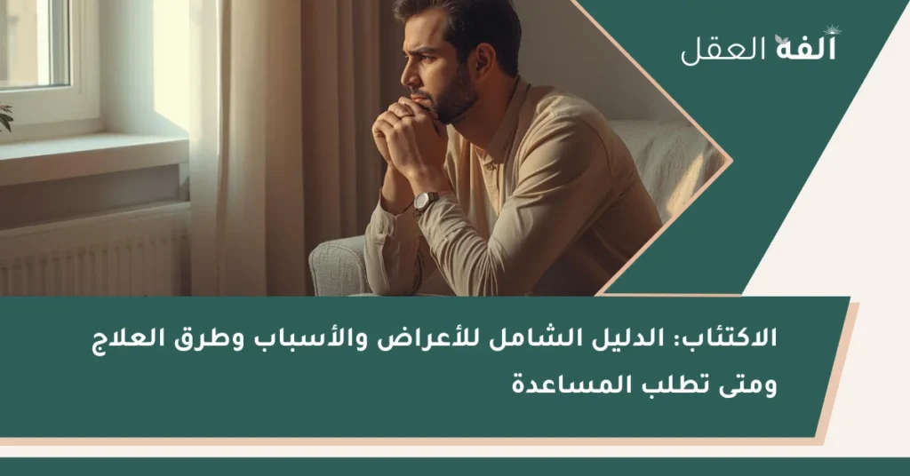 رجل يجلس قرب نافذة في غرفة هادئة بتعبير متأمل، مع عنوان المقال على التصميم: «الاكتئاب: الدليل الشامل للأعراض والأسباب وطرق العلاج ومتى تطلب المساعدة».